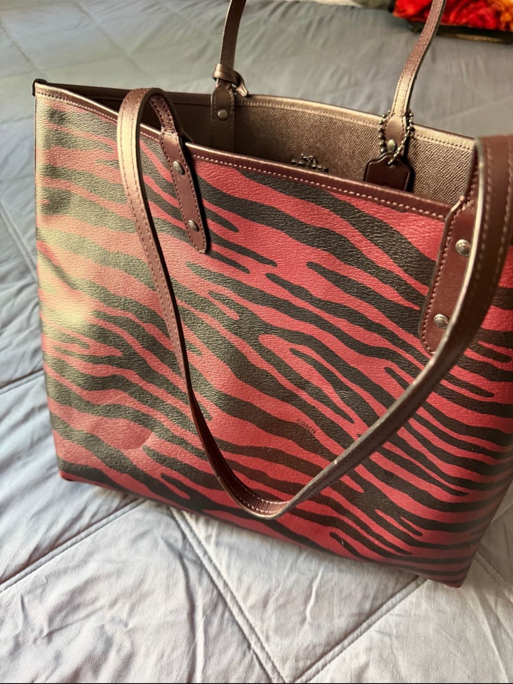 COACH Red and Black Zebra-Print Leather Tote - Picture 5 of 8